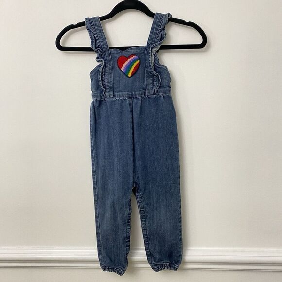 Hannah Anderson Rainbow Heart Denim Jumpsuit Ruffle Sleeveless Romper Girls 3T - Picture 2 of 12